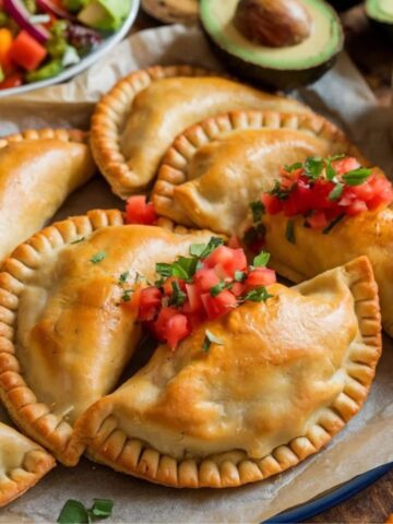 Chicken Empanadas Recipe featuring golden, flaky pastries filled with seasoned chicken, topped with fresh diced tomatoes and herbs. Served on parchment paper with avocado, dipping sauce, and a side salad for a delicious homemade meal.
