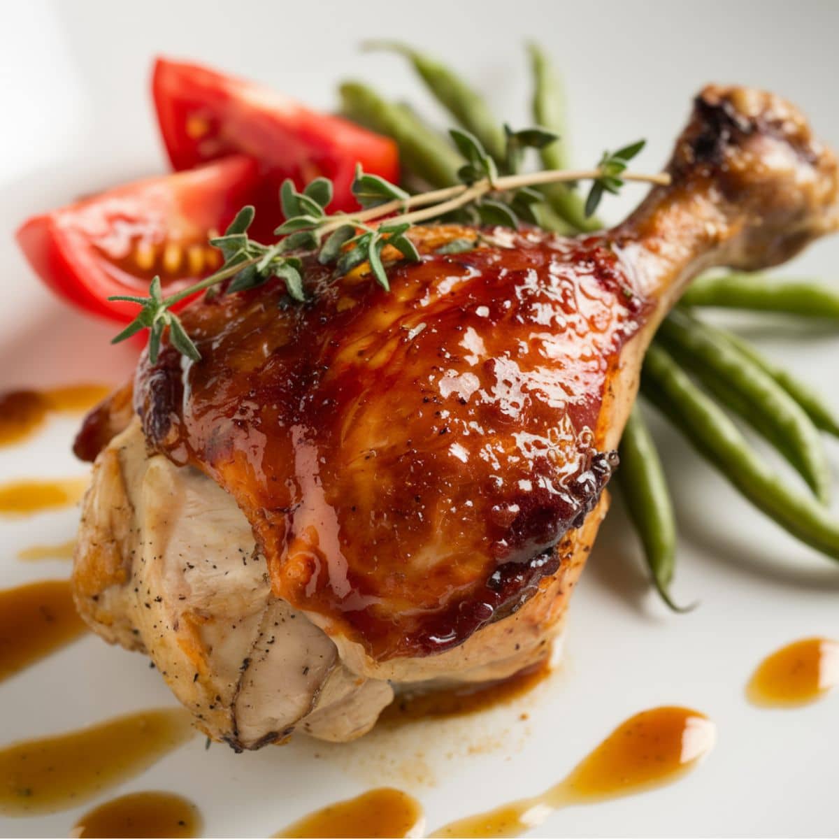 Honey-Glazed Roasted Chicken Quarters Recipe - Tender, oven-baked chicken quarters coated in a rich honey glaze, garnished with fresh thyme, and served with crisp green beans and juicy cherry tomatoes. A flavorful and easy chicken dish perfect for any meal.