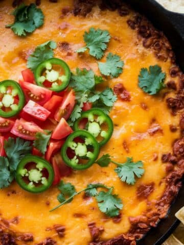 Ultimate Rotel Dip Recipe served in a skillet, featuring melted cheese, spicy ground beef, topped with fresh jalapeños, diced tomatoes, and cilantro, paired with tortilla chips.