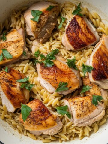 Easy One Pot Chicken Orzo Recipe with golden-seared chicken breast pieces over tender orzo pasta, garnished with fresh parsley. A simple and flavorful one-pan meal perfect for busy weeknights.