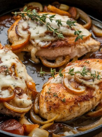 French Onion Chicken Recipe featuring pan-seared chicken breasts smothered in caramelized onions, melted cheese, and a rich, savory sauce, garnished with fresh thyme in a cast-iron skillet.