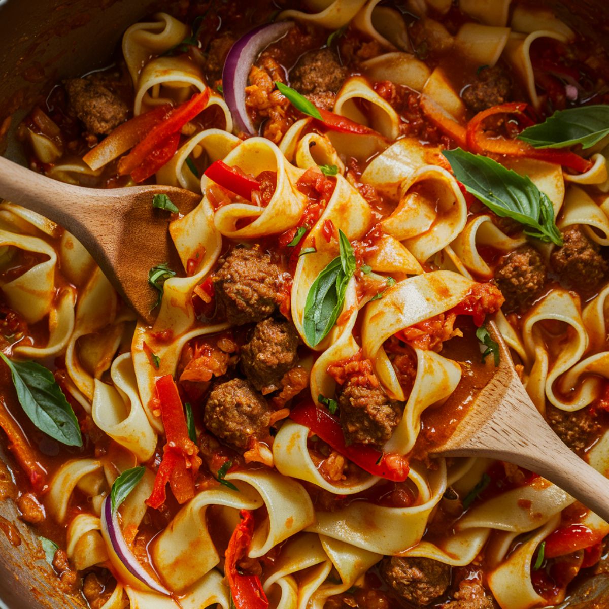 Italian Drunken Noodles Recipe - A flavorful fusion dish featuring wide pappardelle pasta tossed in a bold, savory tomato sauce with crumbled Italian sausage, sautéed bell peppers, red onions, and fresh basil. This hearty and comforting meal combines Italian and Thai-inspired flavors, making it a perfect weeknight dinner full of spice, richness, and fresh herbs.