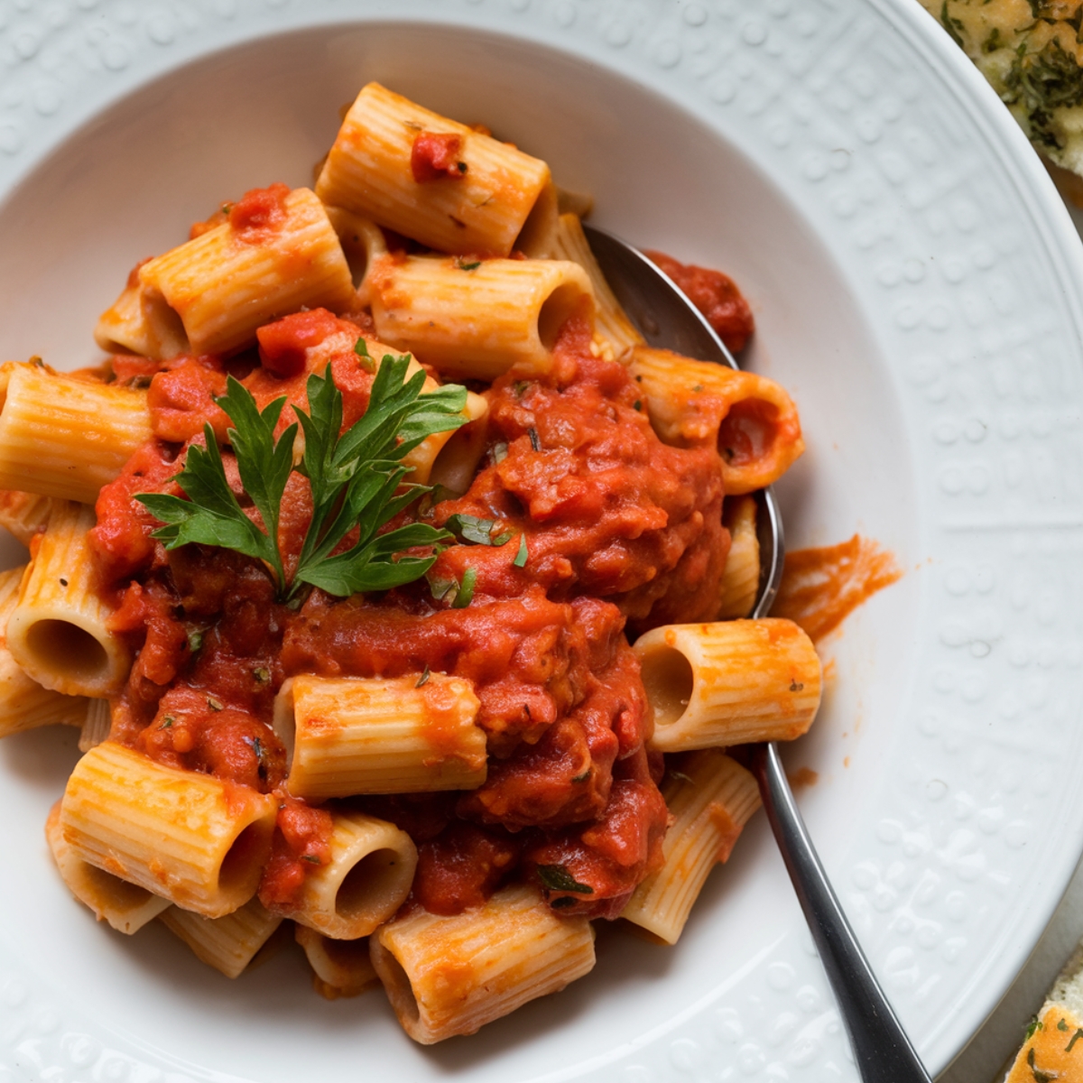 A delicious plate of Ditalini Pasta Recipe (or rigatoni) coated in a rich, homemade tomato sauce, garnished with fresh parsley. Served in a white dish with a spoon, accompanied by crusty garlic bread. A classic Italian comfort food recipe.