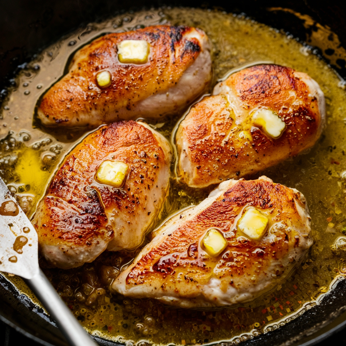 Juicy, golden-brown chicken breasts searing in a cast iron skillet, topped with melting butter cubes and surrounded by bubbling pan juices.