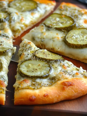 Close-up of homemade pickle pizza with melted mozzarella, sliced dill pickles, and herbs on a golden-brown crust, served on a wooden board.