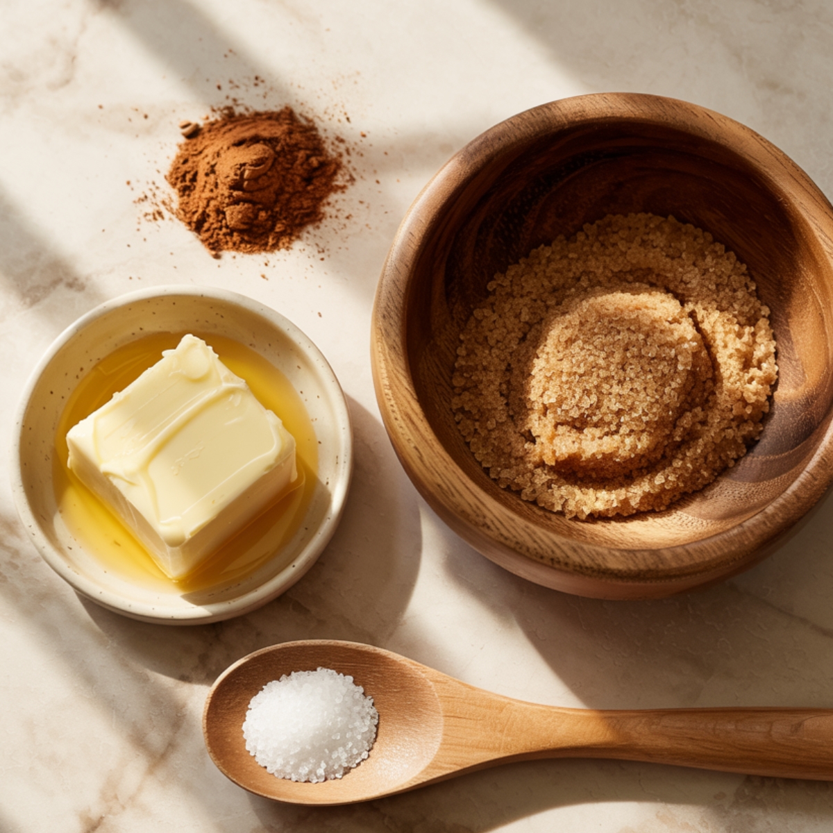 Homemade cinnamon roll pancake ingredients: softened butter, brown sugar, cinnamon powder, and salt in wooden and ceramic dishes on a sunlit marble countertop.