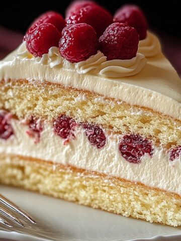 A slice of homemade Bavarian cream cake with two layers of moist vanilla sponge, filled and topped with creamy Bavarian filling and whole tart cherries. The cake is topped with whipped cream swirls and more cherries, served on a white plate with a silver fork.