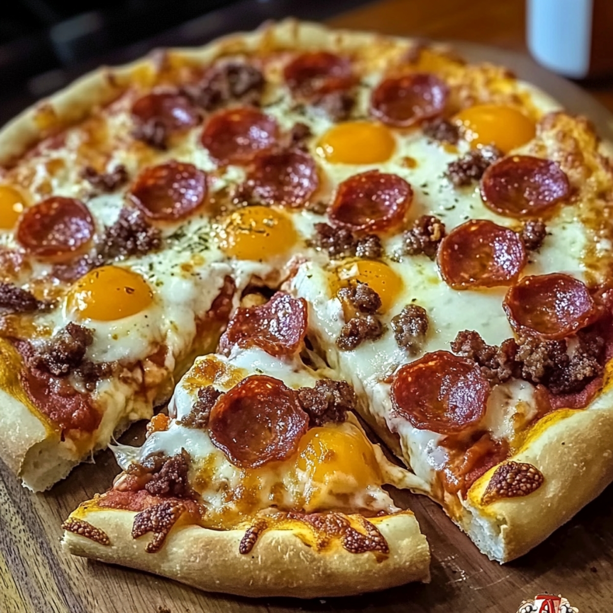 A homemade breakfast Red Baron Breakfast Pizza with a crispy crust, topped with melted mozzarella, pepperoni slices, golden egg yolks, and crumbled sausage. The pizza is seasoned with oregano and served on a wooden board with a slice pulled out, showing gooey cheese.
