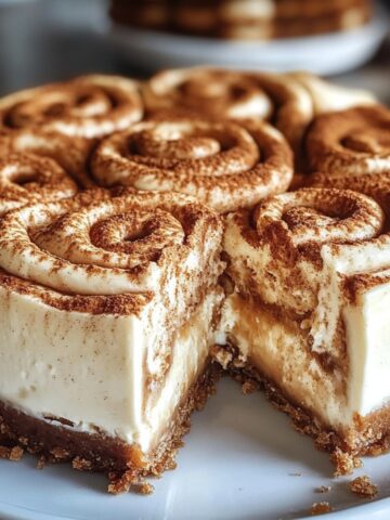 Homemade cinnamon roll honeybun cheesecake with a thick graham cracker crust, creamy filling, cinnamon swirl frosting on top, and a gooey cinnamon-sugar layer inside. One slice is cut to show the rich, layered texture.