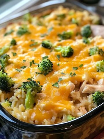 Homemade cheesy chicken broccoli rice casserole in a glass dish, topped with melted cheddar, fresh broccoli, and parsley, ready to serve with a wooden spoon.