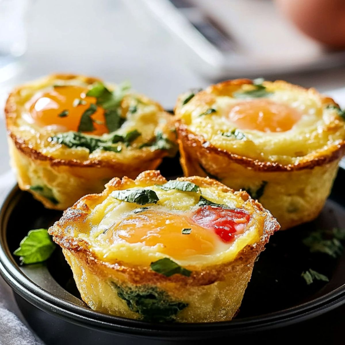 Three golden-brown homemade Egg Bites Muffin Tins with whole egg yolks, herbs, and veggies, served in a black dish on a white napkin, with eggs and a glass of water in the blurred background.