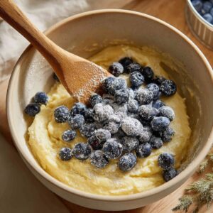 Fresh floured blueberries sitting on top of lemon cake batter in a mixing bowl, with a wooden spoon ready to gently fold them in.