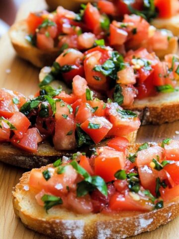 Homemade bruschetta with toasted bread topped with fresh diced tomatoes, basil, garlic, and olive oil on a wooden board.
