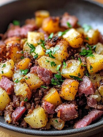 Homemade corned beef hash with crispy potatoes, tender corned beef, and fresh parsley garnish