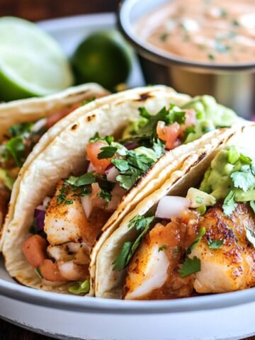 Homemade fish tacos with grilled white fish, guacamole, pico de gallo, and cilantro in charred corn tortillas, served with chipotle sauce and fresh lime on a white plate.