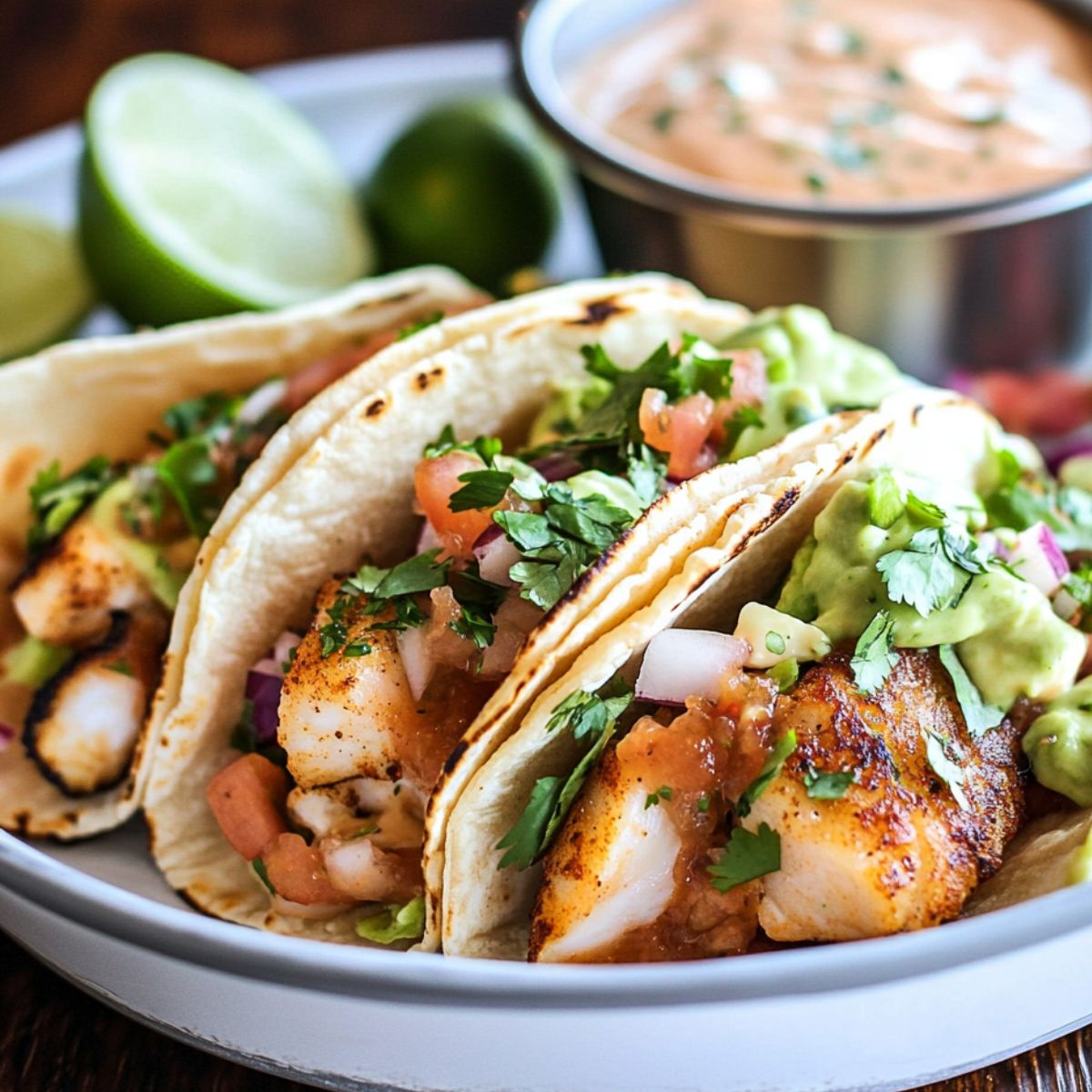 Homemade fish tacos with grilled white fish, guacamole, pico de gallo, and cilantro in charred corn tortillas, served with chipotle sauce and fresh lime on a white plate.