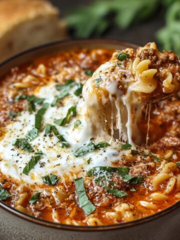 Homemade Lasagna Soup Recipe in a rustic bowl with curly pasta, ground beef, rich tomato broth, melted mozzarella, fresh basil, and a spoon lifting a cheesy bite, served with crusty bread in the background.