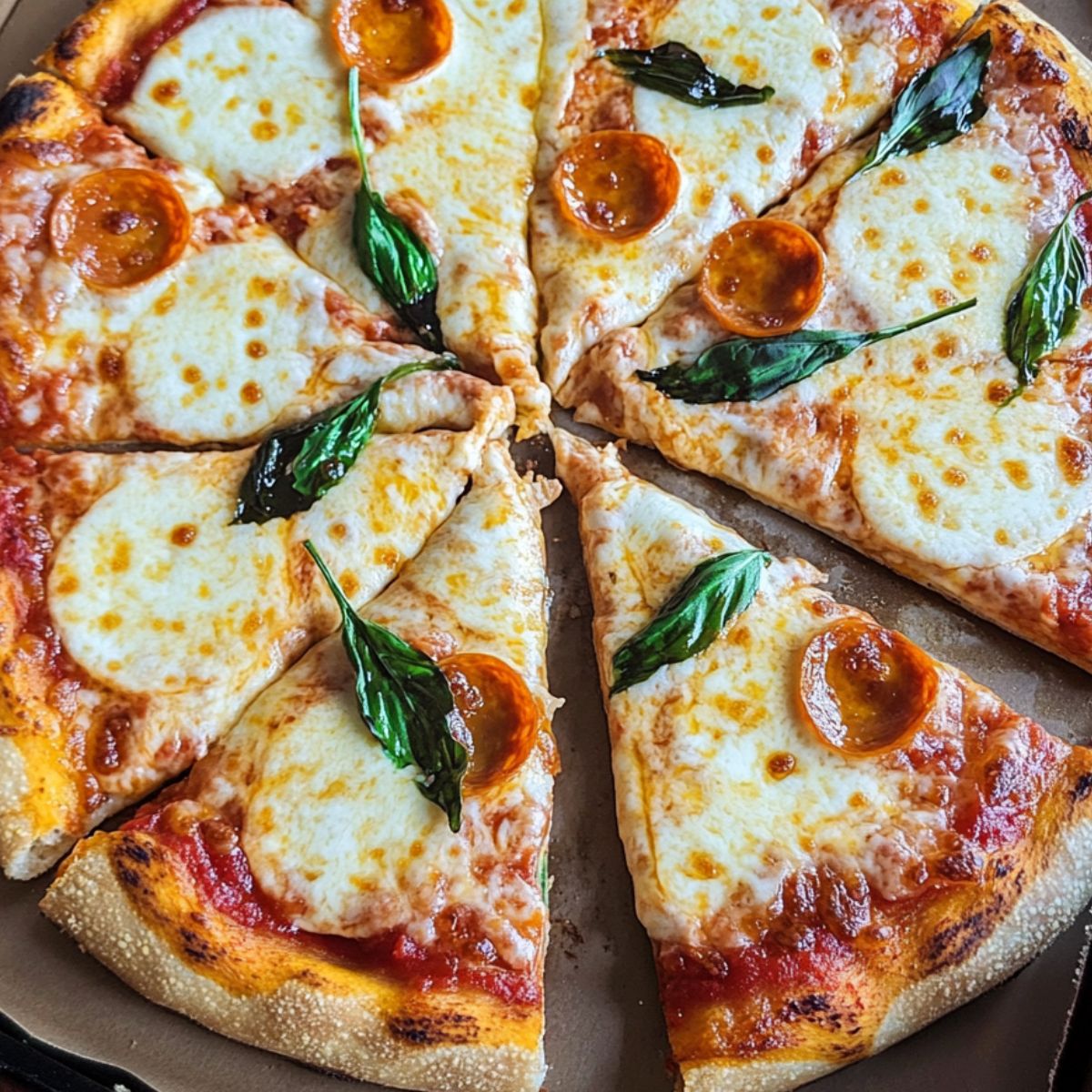 Homemade Margarita Pizza with melted mozzarella, basil leaves, and a few pepperoni slices in a cardboard box.