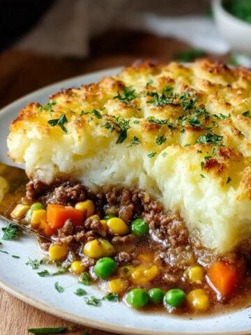 A slice of homemade Shepherds Pie Recipe with golden mashed potatoes, ground meat, peas, carrots, and corn on a plate, topped with parsley.