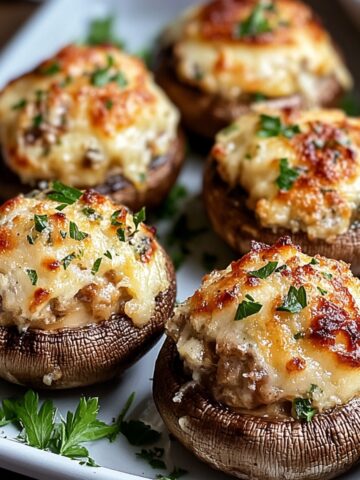 Homemade stuffed mushrooms filled with a creamy cheese and sausage mixture, topped with golden melted cheese and garnished with fresh parsley on a white serving platter.