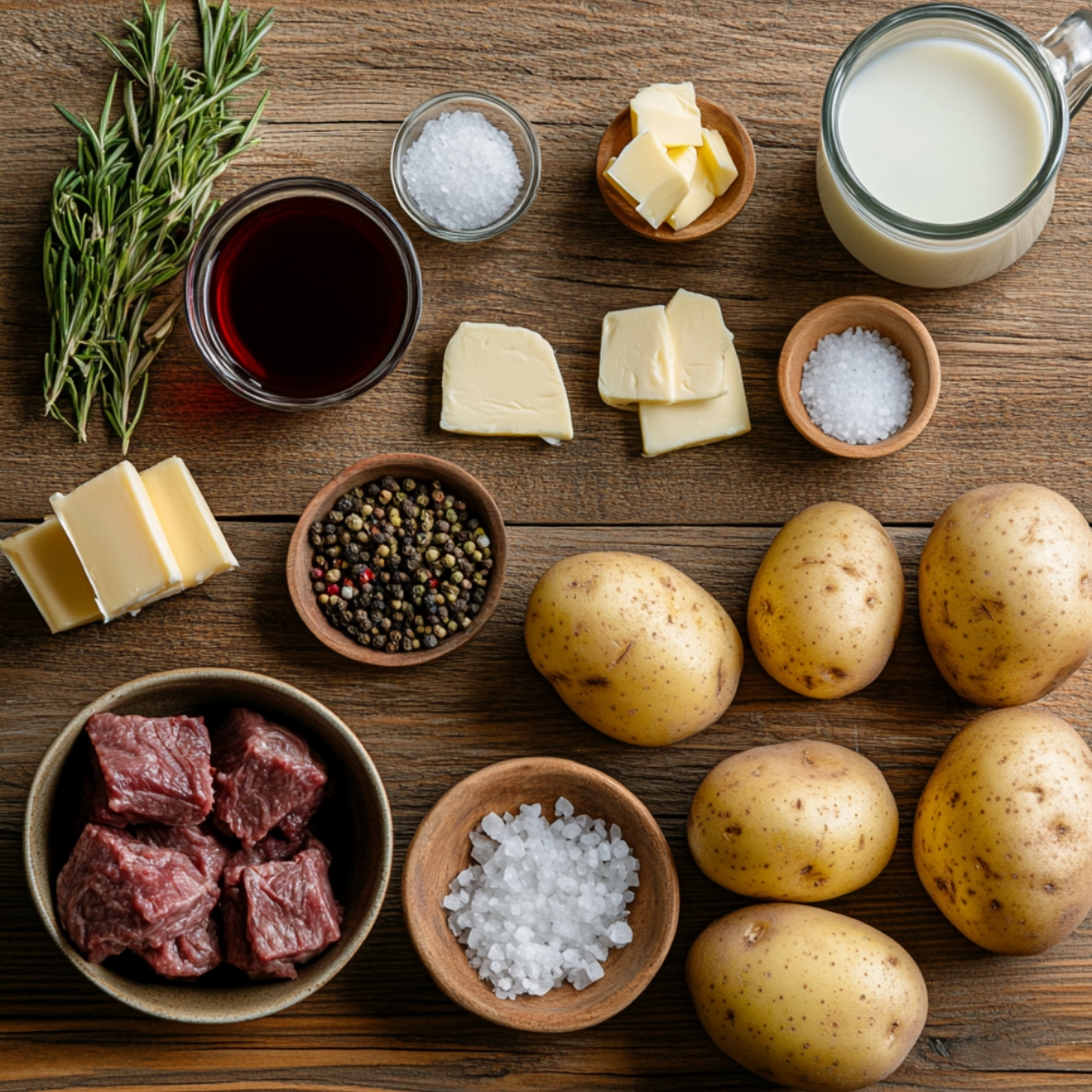 Fresh shepherd’s pie ingredients on a wooden surface, including Yukon potatoes, butter, milk, rosemary, red wine, beef chunks, cheddar cheese, salt, and black pepper.