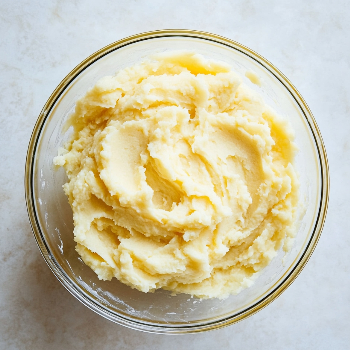 A glass bowl filled with smooth, creamy mashed potatoes on a light kitchen countertop—perfectly prepped for topping homemade shepherd’s pie.