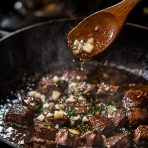 Seared steak bites simmering in a cast iron skillet with minced garlic and herbs, as a wooden spoon drizzles hot garlic butter over the beef-homemade and sizzling.