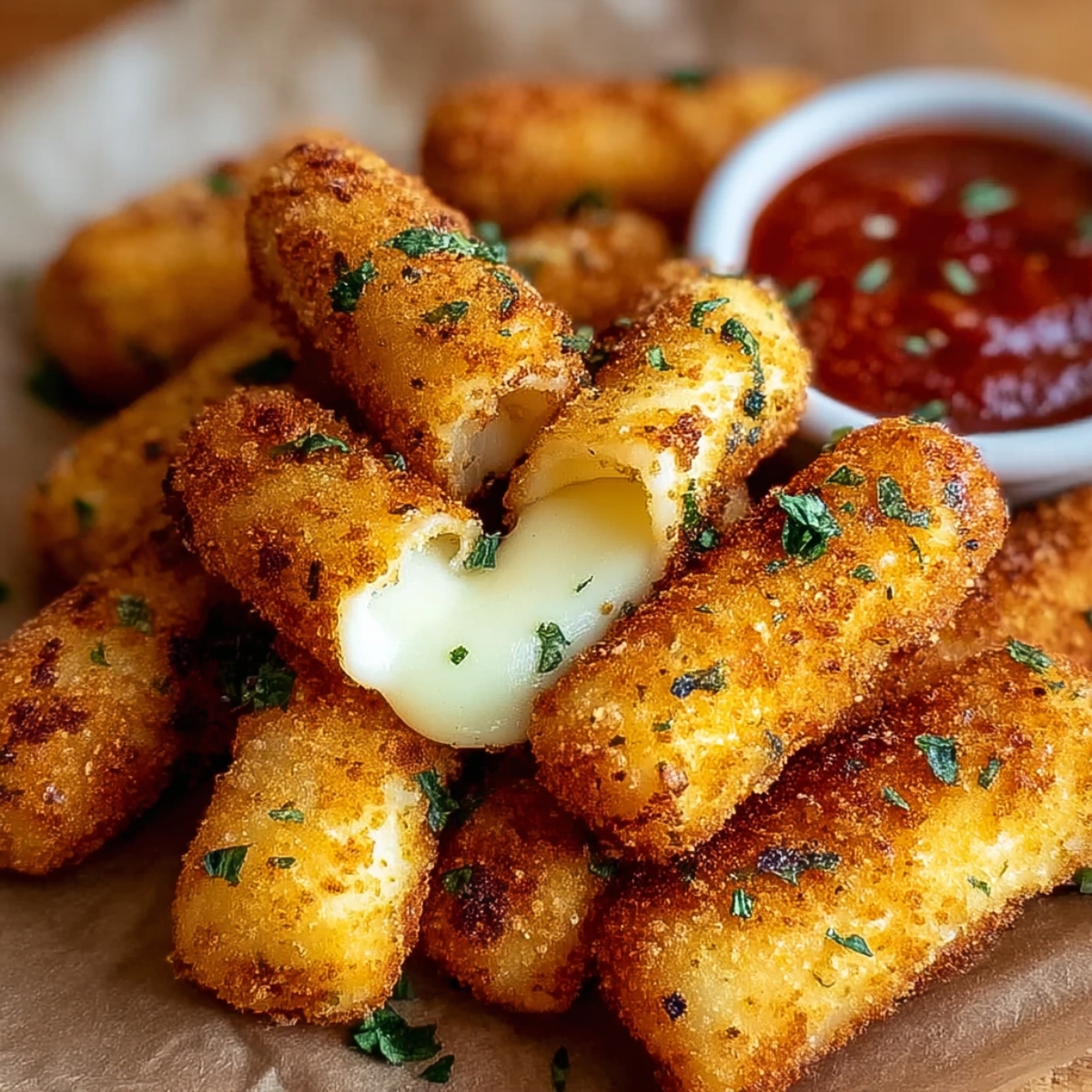 Homemade fried mozzarella sticks stacked on parchment paper, golden and crispy with parsley garnish, one bite revealing melted cheese, served with marinara dipping sauce in the background.