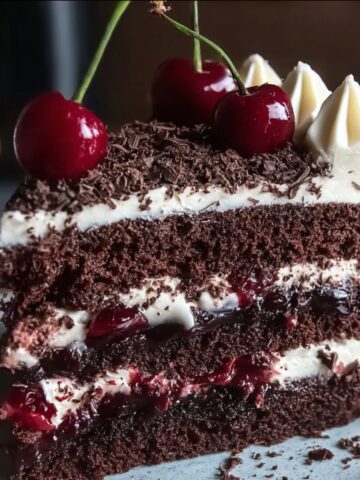 A slice of homemade Black Forest cake with chocolate layers, whipped cream, cherry filling, dark chocolate shavings, and fresh cherries on top.
