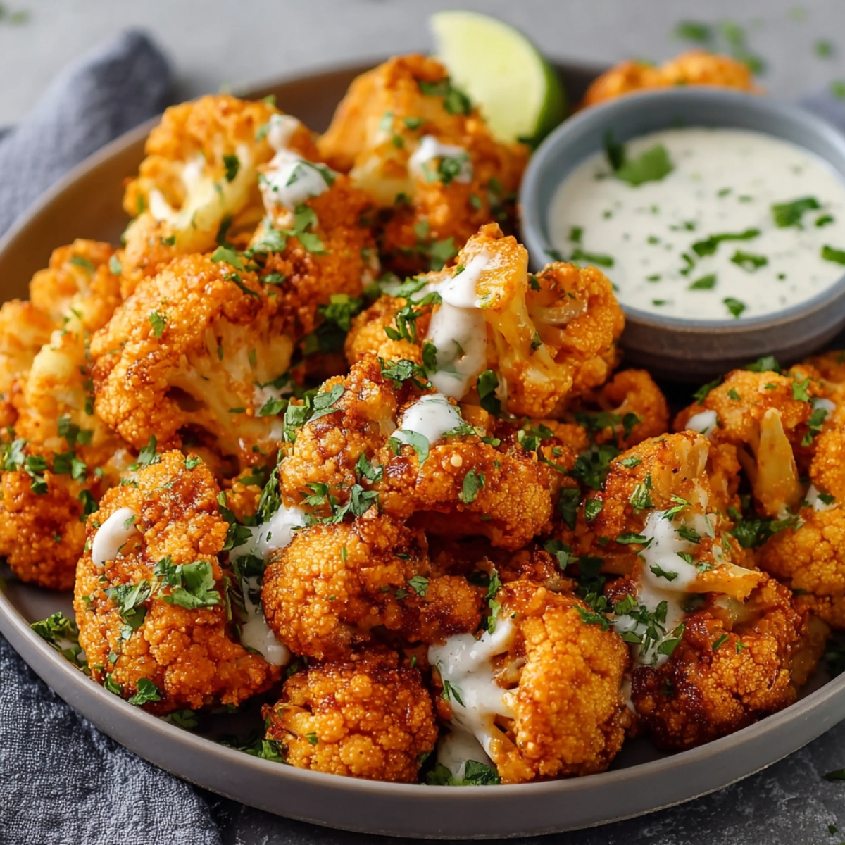 Crispy homemade buffalo cauliflower coated in spicy sauce, topped with fresh parsley and a drizzle of ranch, served with dip and a lime wedge on a dark plate.