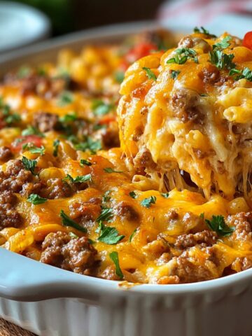 Homemade cheeseburger casserole in a white baking dish with gooey melted cheddar, ground beef, and noodles, topped with parsley. A wooden spoon lifts a hot, cheesy portion, showing the rich, bubbly texture.