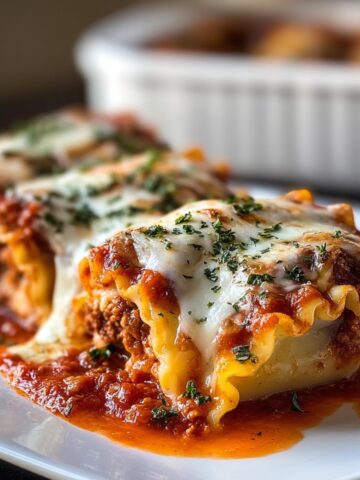 Close-up of homemade lasagna roll ups topped with melted mozzarella and fresh parsley, sitting in rich marinara sauce on a white plate. The pasta is golden and curled, with a meaty ricotta filling visible. A white baking dish with more roll ups is blurred in the background.