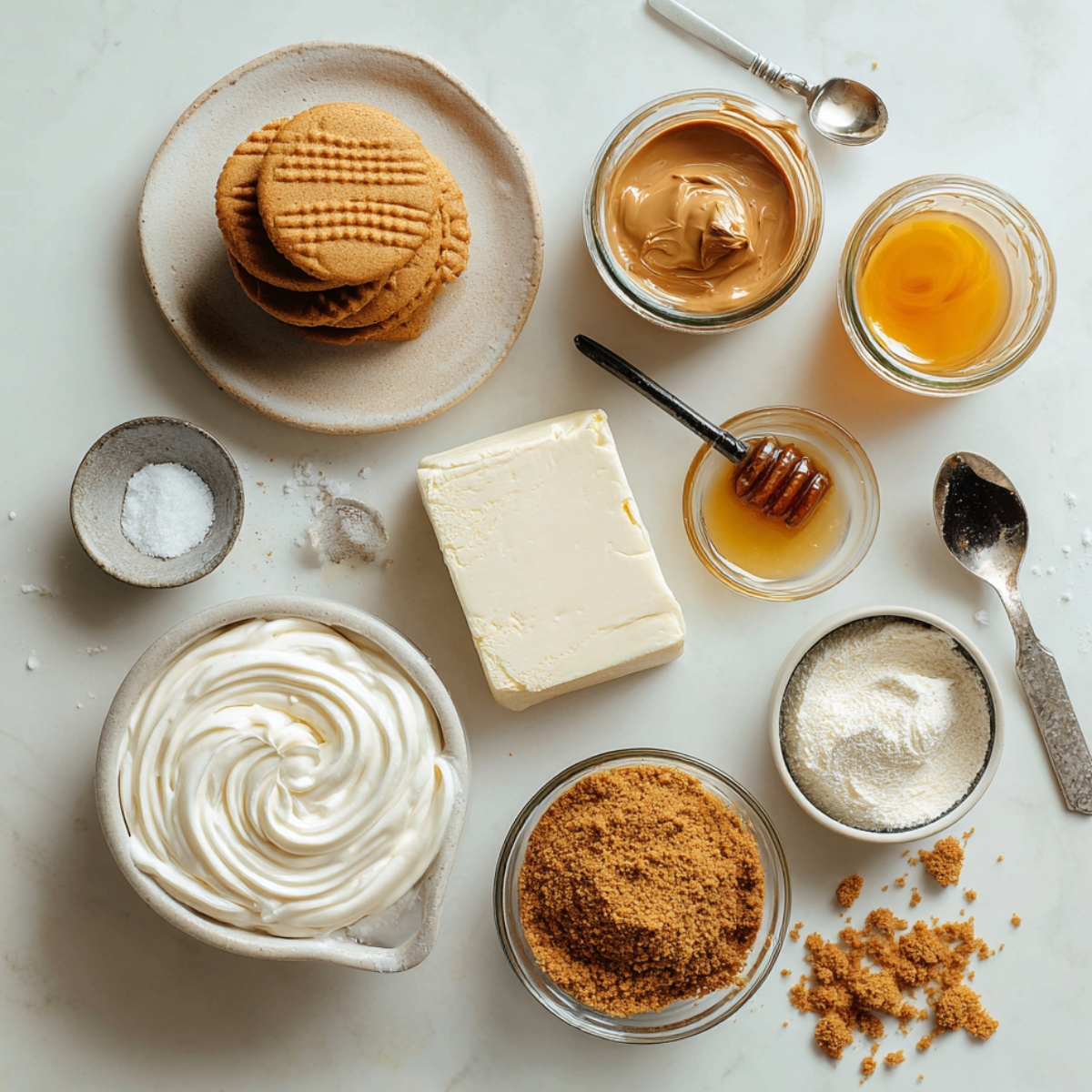 Top-down view of no-bake Biscoff cheesecake ingredients on a marble surface — cookies, Biscoff spread, cream cheese, butter, whipped cream, crushed crumbs, powdered sugar, salt, and honey, arranged naturally with some scattered crumbs.
