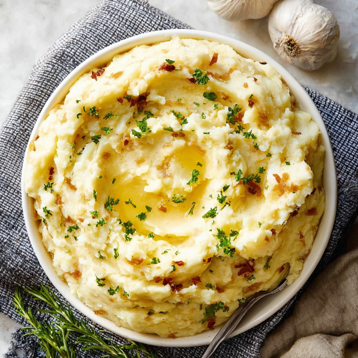 Best Mashed Potatoes Recipe topped with melting butter, parsley, and crispy browned bits, served on a gray cloth with garlic and rosemary nearby.