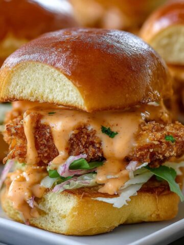 Homemade Bang Bang Chicken Sliders on a white plate, with a glossy golden bun, crispy fried chicken, creamy orange bang bang sauce dripping down, fresh shredded lettuce, and herbs for garnish.