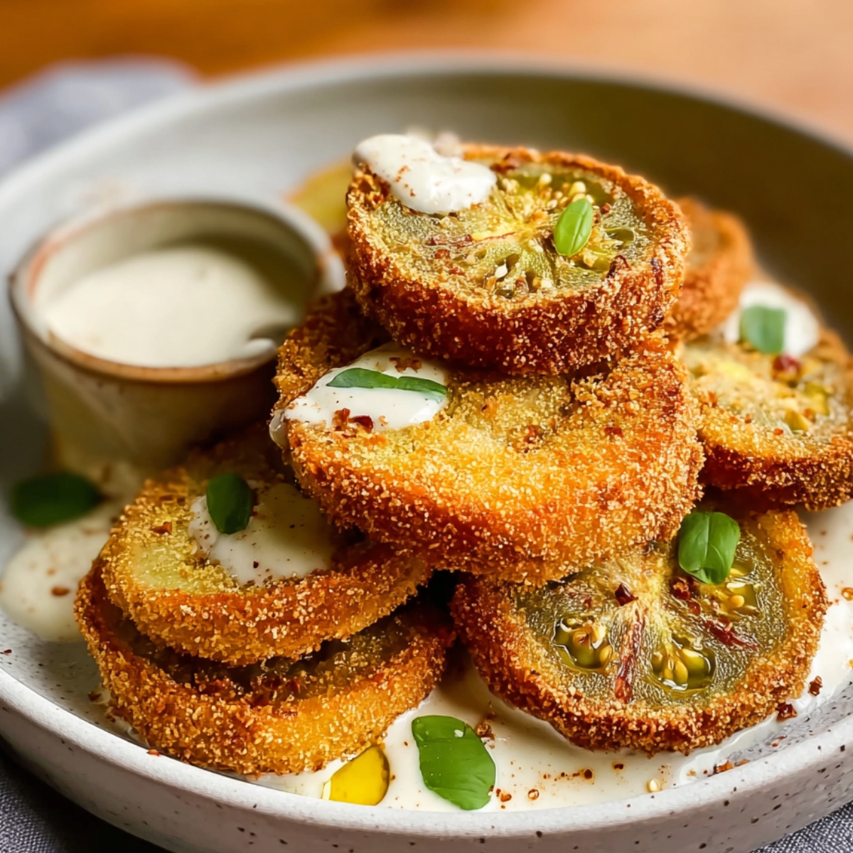 Homemade Fried Green Tomatoes with herbs on a plate, served with creamy dipping sauce in a bowl.