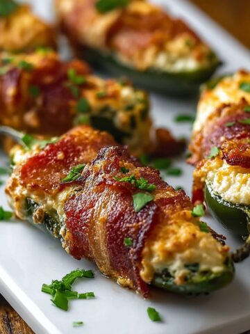 Homemade Jalapeño Poppers wrapped in crispy bacon and topped with parsley on a white platter.
