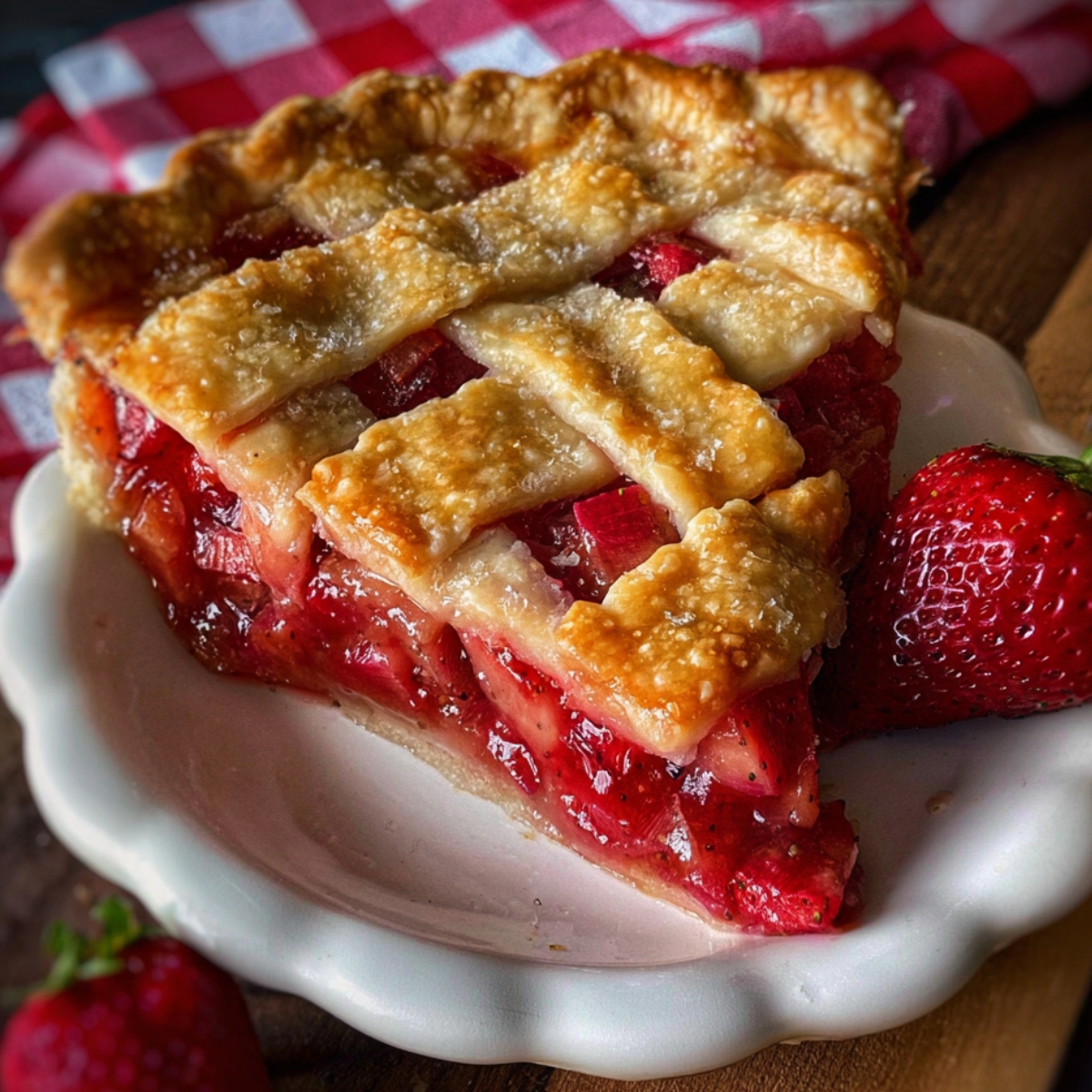 Homemade Strawberry Rhubarb Pie with golden lattice crust and glossy red filling, served with a fresh strawberry on a white plate.