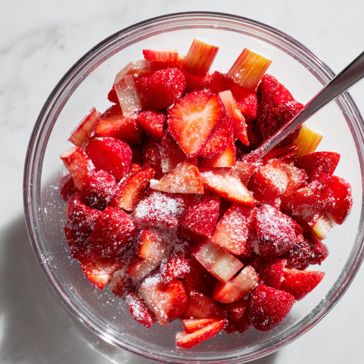 Top-down view of fresh strawberries and diced rhubarb coated with sugar in a glass bowl with a silver spoon, on a white marble surface, natural daylight.