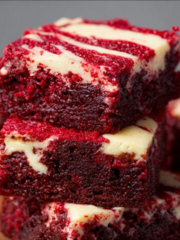 Stack of thick, homemade red velvet brownies with creamy marbled swirl, moist texture, and rustic edges on a light surface.