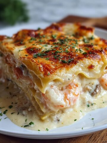 The Best Seafood Lasagna Recipe on a white plate with golden-brown cheesy top, creamy layers of shrimp and crab in alfredo sauce, garnished with parsley.