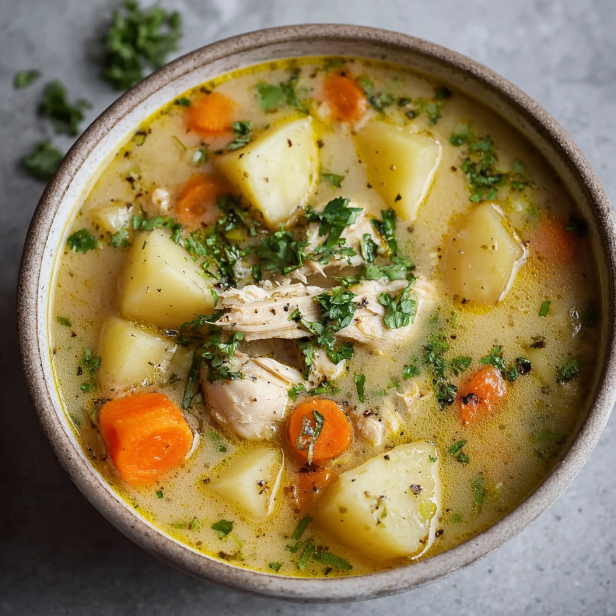 A bowl of homemade Chicken Soup with Potatoes with chunks of potato, carrots, and shredded chicken in a golden broth, topped with chopped parsley — warm, hearty, and freshly made on a rustic kitchen table.