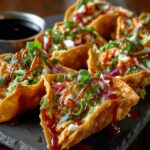 Homemade chicken wonton tacos with crispy golden shells, teriyaki chicken, cabbage slaw, green onions, and sweet chili drizzle on a dark slate board.