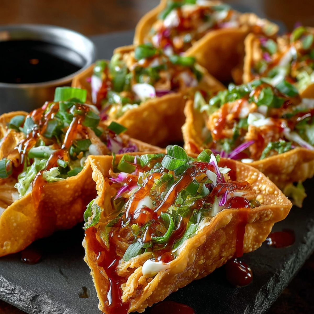 Homemade chicken wonton tacos with crispy golden shells, teriyaki chicken, cabbage slaw, green onions, and sweet chili drizzle on a dark slate board.