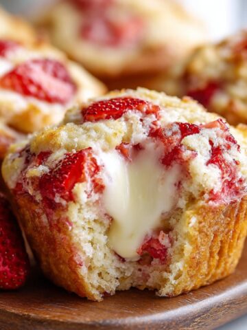 Homemade Strawberry Cream Cheese Muffins with a crumbly top, showing a bite taken out to reveal fresh strawberries and creamy filling inside, with a whole strawberry beside it.