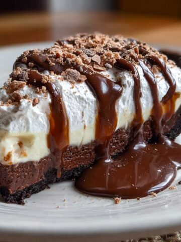 Mississippi Mud Pie slice with chocolate cookie crust, fudgy chocolate layer, pudding, and whipped cream, topped with chocolate drizzle and shavings on a white plate.