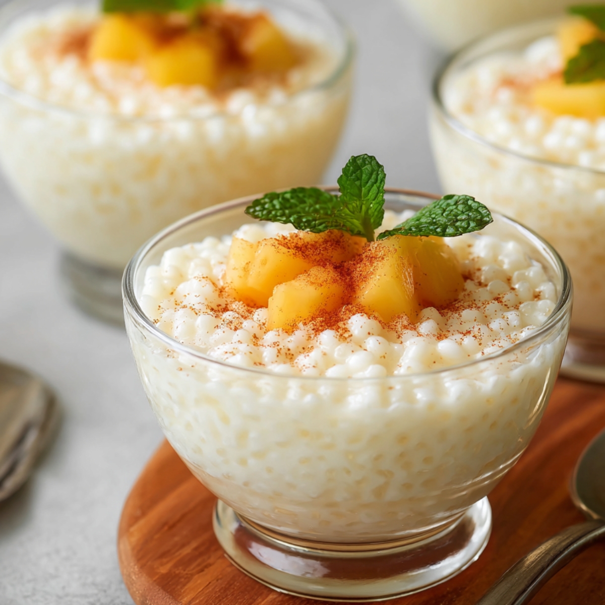 A glass bowl of creamy coconut tapioca pudding topped with diced fruit, a sprinkle of cinnamon, and a fresh mint sprig, with more bowls in the background.