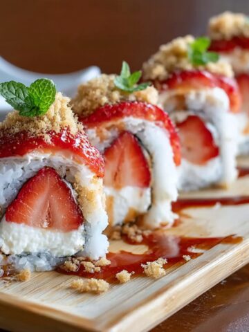 Easy Strawberry Shortcake Sushi Roll with fresh strawberries, whipped cream filling, graham cracker crumbs, mint leaves, and drizzle on a wooden board.