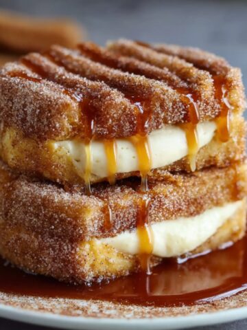 Homemade Churro Cheesecake dessert stacked with two layers of cinnamon-sugar churro cake filled with creamy cheesecake and drizzled generously with caramel sauce on a plate.