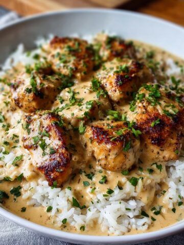 Homemade Creamy Smothered Chicken and Rice dish in a skillet — golden-brown seared chicken pieces nestled in a rich, creamy mushroom sauce, served over fluffy white rice and sprinkled with fresh chopped parsley.